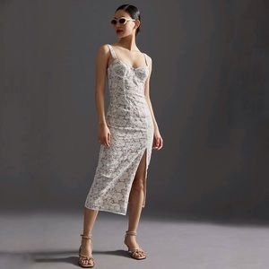 Anthropologie Hutch Slim Lace Corset High Slit Forrest Green Midi Dress Size 8